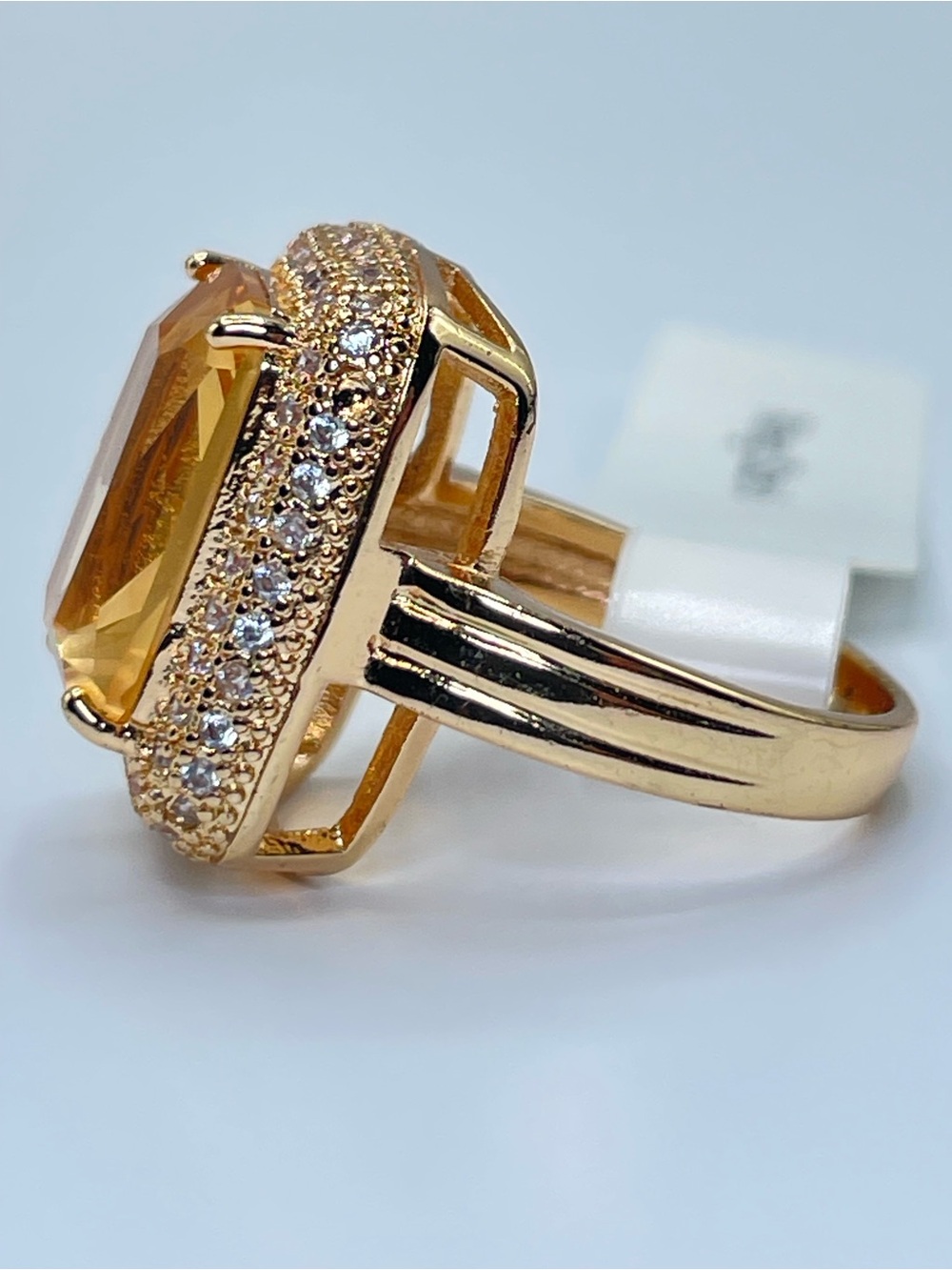 Swarovski Crystal Elements Champagne Crystal Halo Ring Gold Statement Sz 6 - Picture 5 of 9
